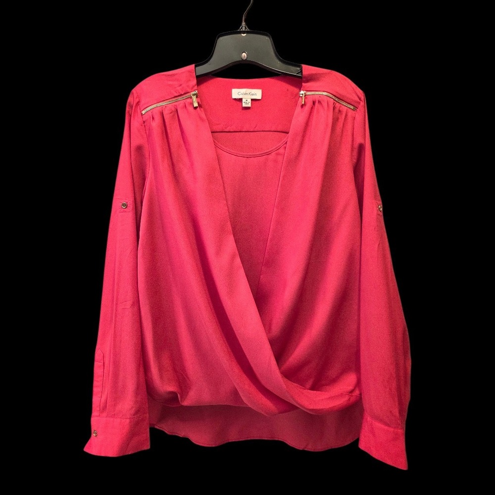 Calvin Klein Pink Blouse Faux Wrap Criss Cross Gold Zipper Accents Sz Medium